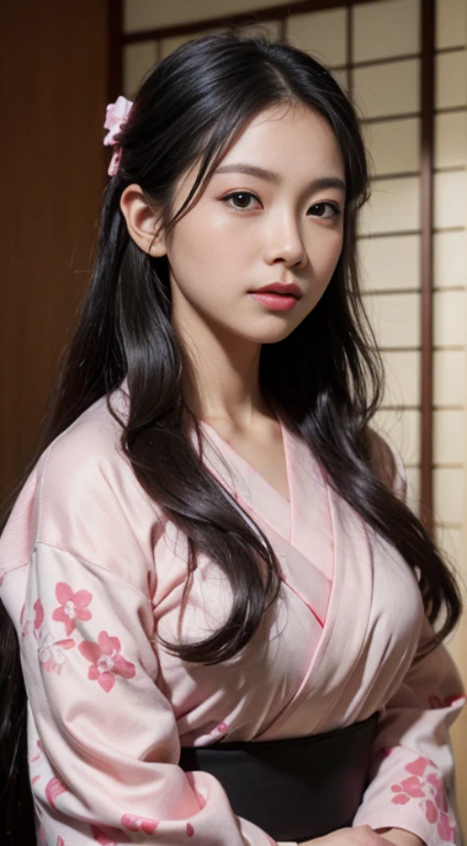 Masterpiece, (Photorealistic:1.5), photorealistic eyes, Asian Woman, Best Quality, beautiful  lighting, Professional Lighting, photons mapping, radiosity, physics based rendering,, Nezuko Kamado, 1Girl, Black hair, brow, hair bows, japanese clothes, in kimono, Long hair, multicoloured hair, Open mouth, Pink eyes, pink in kimono, pink bows, bows, Smile, very Long hair, sky, ((aged up)),, (Raw foto, 8K UHD, film grain)