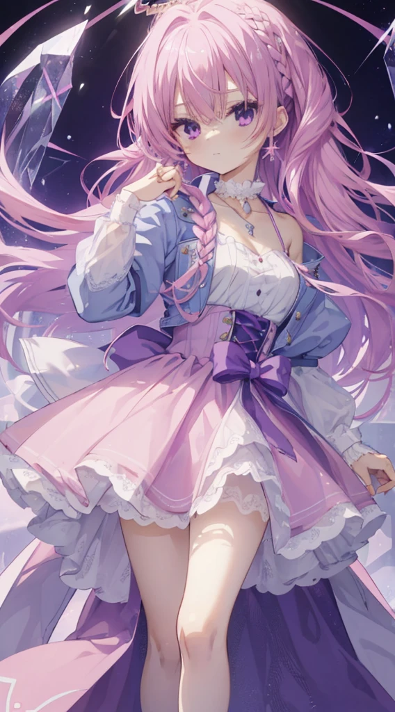 (tmasterpiece, Best quality at best: 1.4), detailedbackground, White crystal, crystal cluster,Mitsukasa Ayase、A pink-haired、Purple eye,Medium-hair long,jewely, 耳Nipple Ring, choker necklace, diadems, the bride, White hair, The halo,