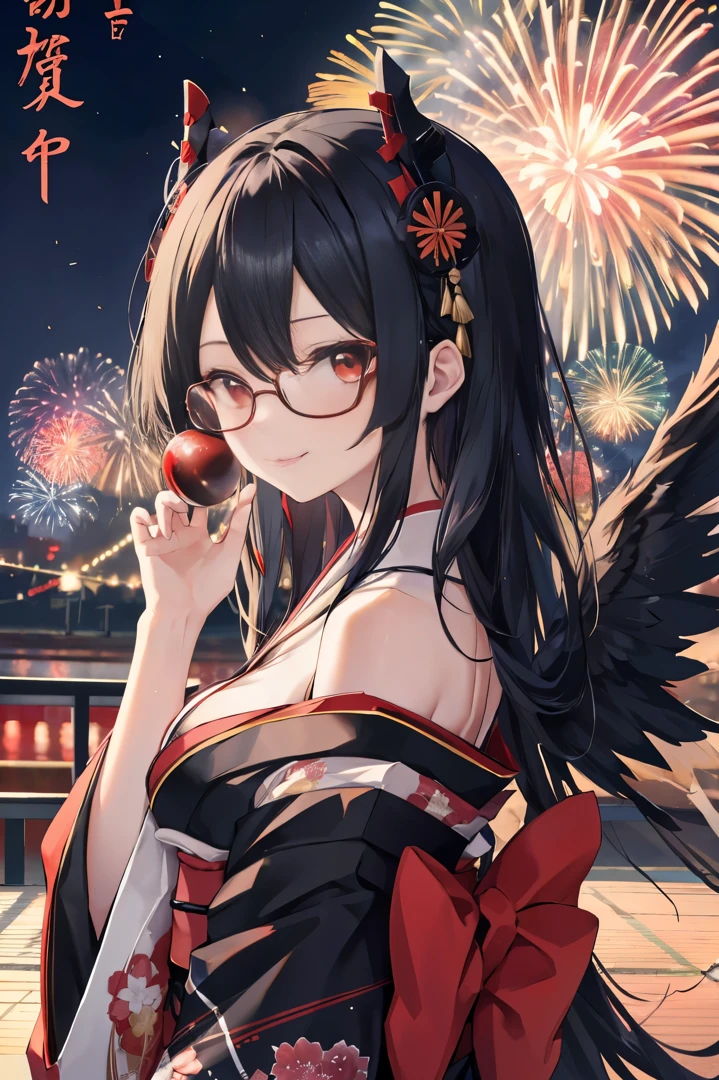 "anime girl, 1 person, black hair, shoulder length hair, red eyes, glasses, white horns, wearing kimono, kimono outfit, black kimono with red patterns, details, big breasts, long stockings, sinister smile , small black wings on the back, solo, viewed from different directions, festival, New Year's Eve, New Year's Eve fireworks, watching fireworks (sharp image)"