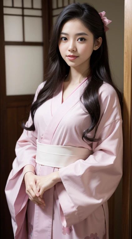 Masterpiece, (Photorealistic:1.5), photorealistic eyes, Asian Woman, Best Quality, beautiful  lighting, Professional Lighting, photons mapping, radiosity, physics based rendering,, Nezuko Kamado, 1Girl, Black hair, brow, hair bows, japanese clothes, in kimono, Long hair, multicoloured hair, Open mouth, Pink eyes, pink in kimono, pink bows, bows, Smile, very Long hair, sky, ((aged up)),, (Raw foto, 8K UHD, film grain)