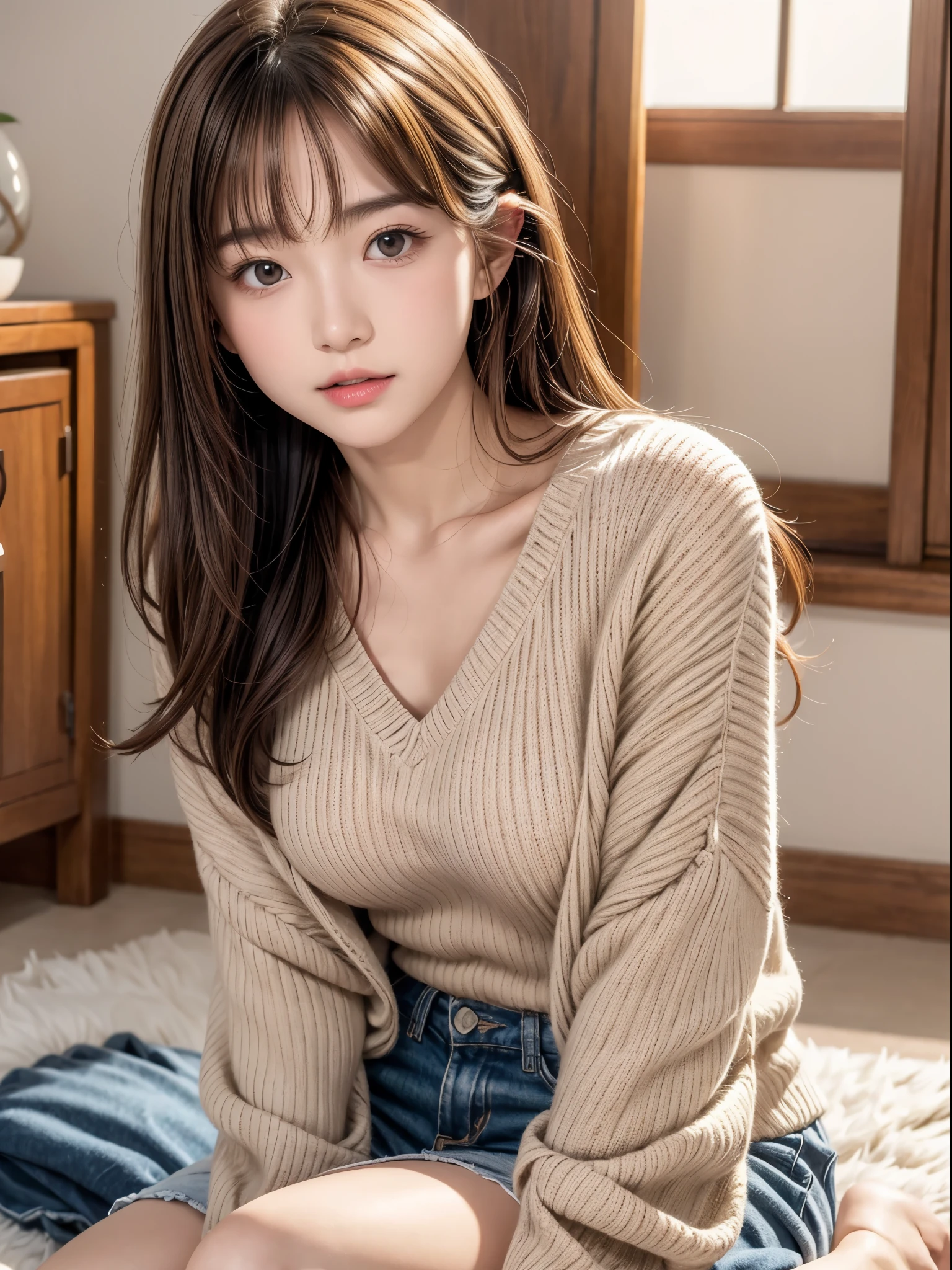 (8K,masutepiece, Raw photo,Best Quality:1.4),(photographrealistic:1.2),(extremely Detailed face),(Shiny skin),(Detailed skin),(Detailed face),(Extremely beautiful face),Cute face,1girl, Young Woman, Looking at Viewer,Japanese idol(actress, Brown hair,Medium Hair,Straight hair,asymmetrical bangs,glamor,Large breasts, wearing loose-fitting knitwear,sitting on the floor,High Position,upright