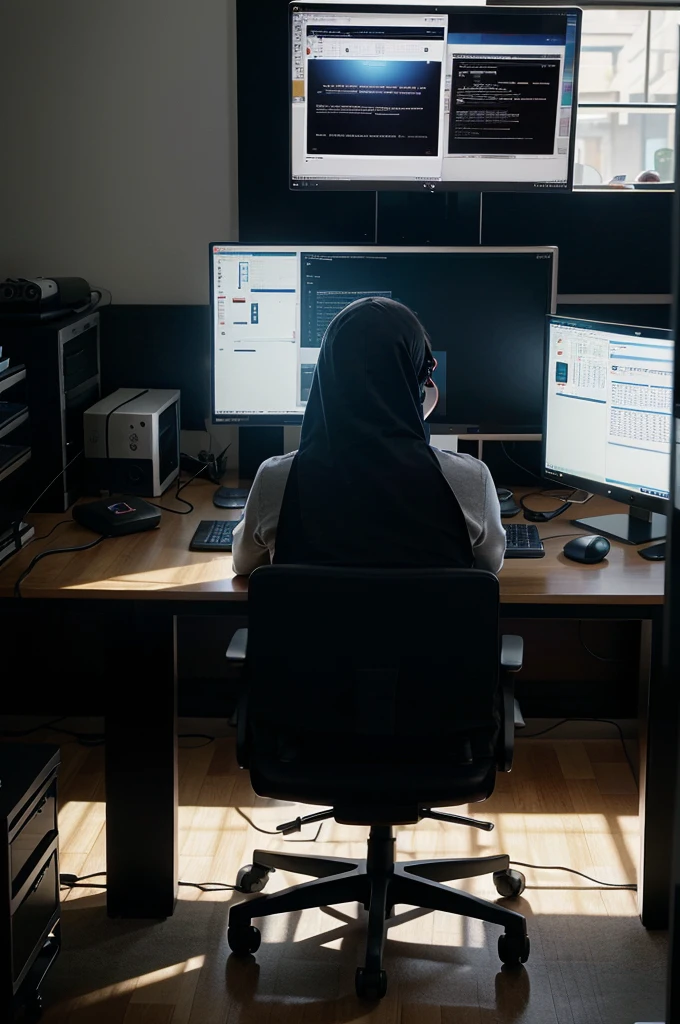 Computer table of a hacker with 2 monitors, large table, chair with head support, backlit keyboard
