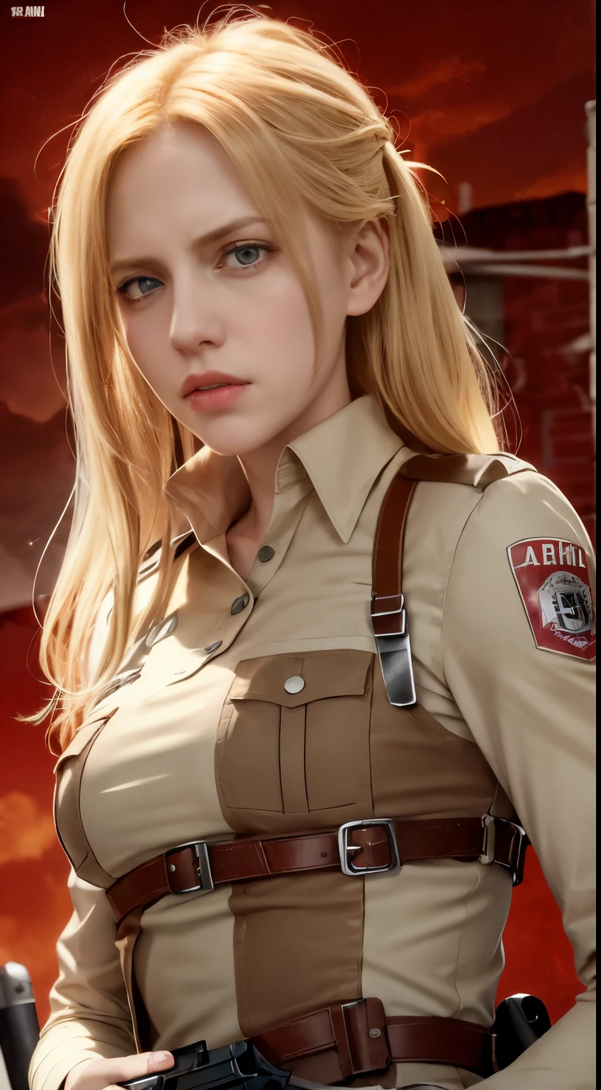 a woman in a uniform holding a gun and a red background, annie leonhart, from attack on titan, looking like annie leonhart, inspired by Armin Hansen, snk, inspired by Armin Baumgarten, attack on titan anime style, in attack on titan, attack on titan covert art, annie leonhart in a neon city，Attack on Titan female character Historia，golden hair，Long golden hair，Combat attire，binh，metal light holder，golden hair，blue color eyes