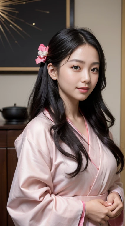 Masterpiece, (Photorealistic:1.5), photorealistic eyes, Asian Woman, Best Quality, beautiful lighting, Professional Lighting, photons mapping, radiosity, physics based rendering,, Nezuko Kamado, 1Girl, Black hair, brow, hair bows, japanese clothes, in kimono, Long hair, multicoloured hair, Open mouth, Pink eyes, pink in kimono, pink bows, bows, Smile, very Long hair, sky, ((aged up)),, (Raw foto, 8K UHD, film grain)