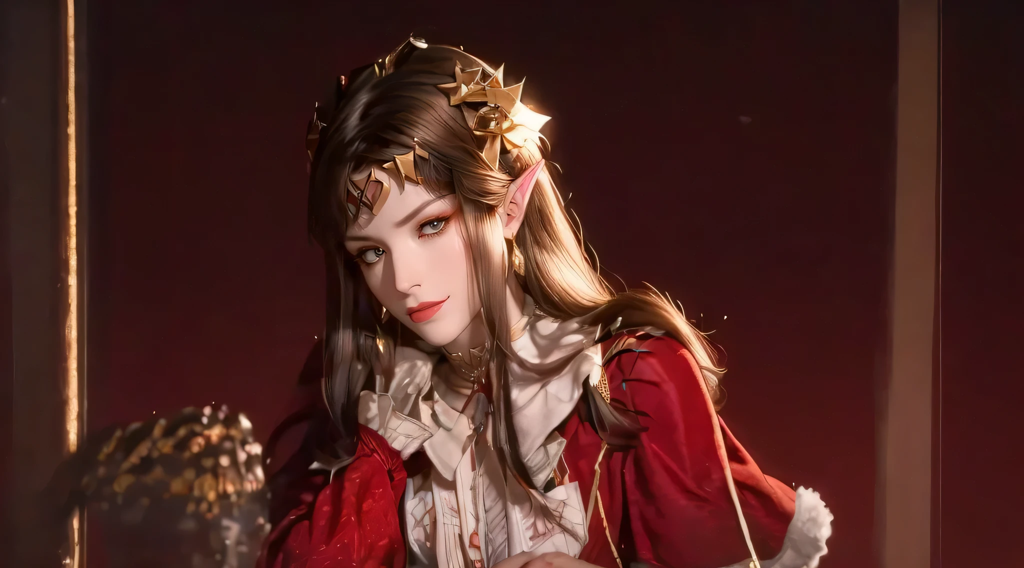(((pointy ears,Long gray hair,brown hair,looking at viewert,black color hair,(White-colored skin,cyber dress, longer sleeves, Printed dress, the bow, hair the bow, hair adornments,Capeles))),(((Wide hips)))S-shaped body:1.7))),((tmasterpiece)),A high resolution, ((Best quality at best)),tmasterpiece,quality,Best quality,((( exquisite facial features,looking at viewert,There is light in the eyes,Smilingly,self-assured ))),(((Light and shadow interlace,Huge big breasts))),(((1 Sister, dynamicposes, 1 girl, (complete figure:0.9), own,Human body silhouette, ((good body)),Girl posing for photo,24 years old female model,perfect foot、have perfect arms))))
