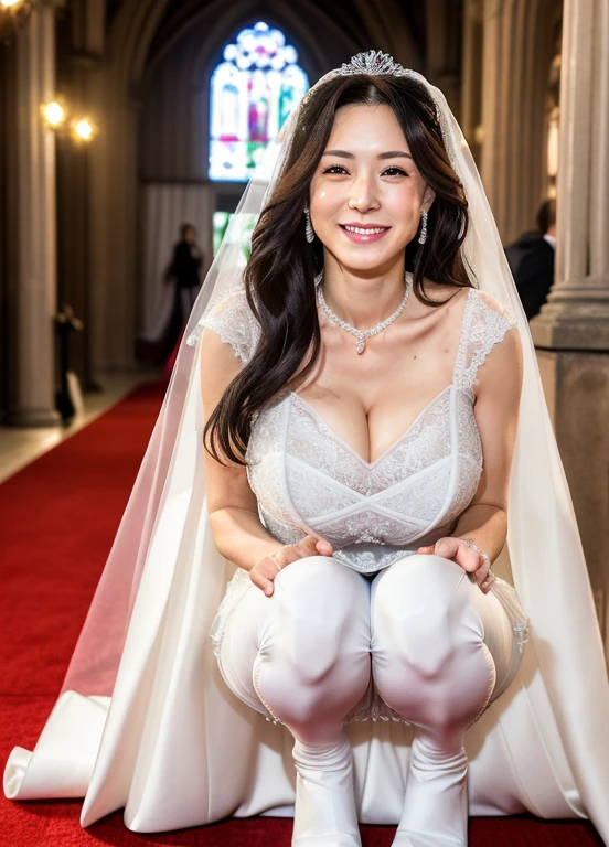 Best Quality, hight resolution, Hires, Skin definition, Detailed skin, Detailed eyes, Detailed face, 4K, 日本人A MILF, ((独奏)), (((55 years old))), (Wrinkles at the corners of the eyes:1.6), (nasolabial folds:1.6), A MILF, glamor, A sexy, Chromo-white skin, ((Wavy Longhair)), Looking at Viewer,(((Aging skin:0.8))), ((loose muscles:0.8)), (((Very large breasts:1.28))), ((Saggy udder)), (Saggy buttocks), ((Japanese Models)), 4K, (photoRealistic:1.5), Realistic, nffsw, Beautiful, Bimbo, face-makeup:1.1, eye make up:1.2, a necklace, piercings, {(((weddingdress))), (((long skirt))), (((Skirt with slits))),(((Long veil))), (garterbelts), (White fishnet stockings), ((shining tiara)}}, ssmile, on the red carpet in the church, Spread legs, Spread crotch, Squatting,