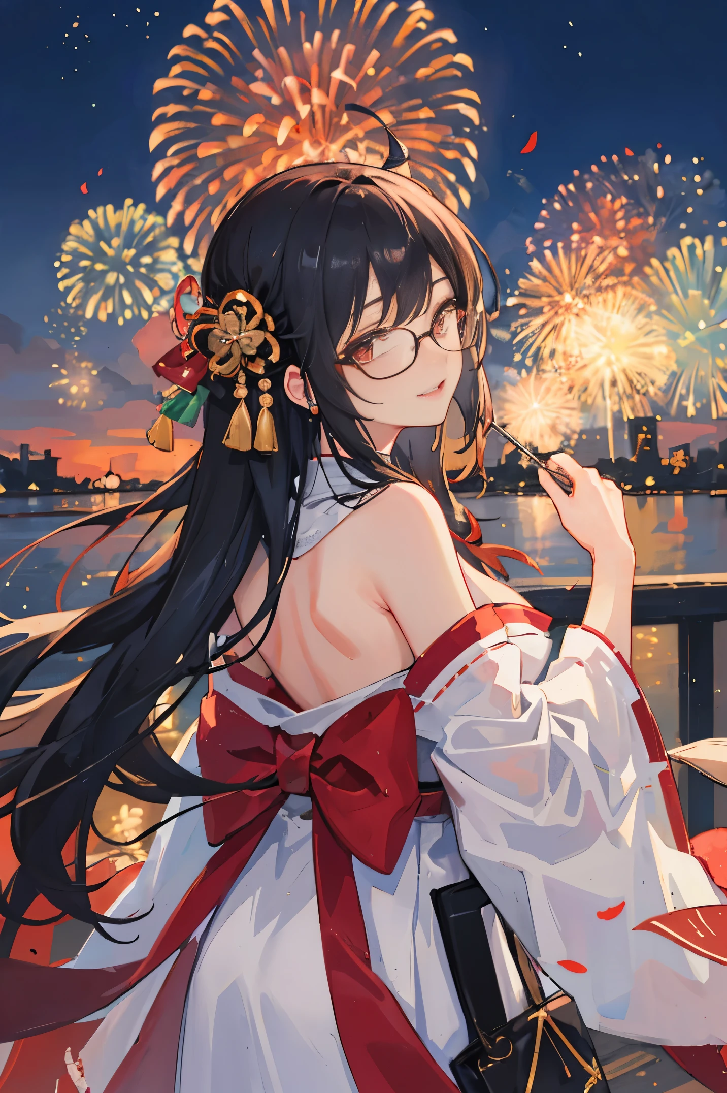 "anime girl, 1 person, black hair, shoulder length hair, red eyes, glasses, white horns, wearing kimono, kimono outfit, black kimono with red patterns, details, big breasts, long stockings, sinister smile , small black wings on the back, solo, viewed from different directions, festival, New Year's Eve, New Year's Eve fireworks, watching fireworks (sharp image)"