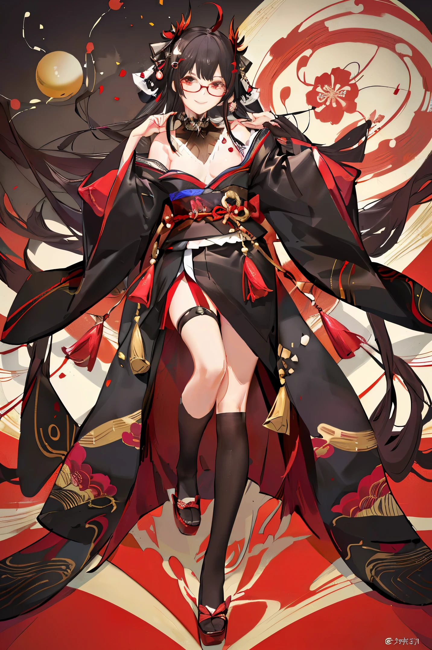"anime girl, 1 person, black hair, shoulder length hair, red eyes, glasses, white horns, wearing kimono, kimono outfit, black kimono with red patterns, details, big breasts, long stockings, sinister smile , small black wings on the back, solo, viewed from different directions, festival, New Year's Eve, New Year's Eve fireworks, watching fireworks (sharp image)"