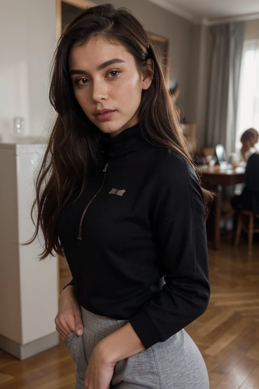 ((best quality)), ((masterpiece)), (detailed), perfect face realistic photo of beautiful woman with long dark brown hair, Russian, influencer, light freckles, dark brown eyes, big lips, no makeup, instagram, next to black wall, wearing a shirt and yoga pants, inspired by Esaias Boursse, instagram, dau-al-set, black sweater, prison jumpsuit, hourglass figure, keyhole, zippers, 💣 💥, female outfit, tracksuit, opened dress, front shot, cozy vibe, normal clothes, middle close up shot, close angle