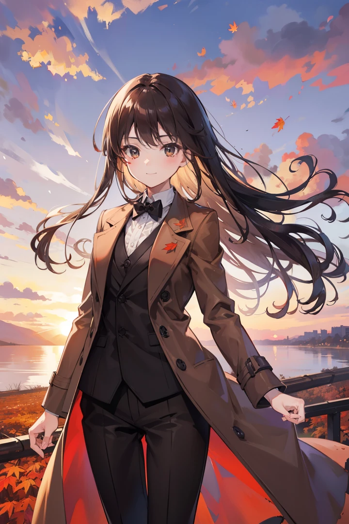 1girl, light brown overcoat, dark brown black suit, overcoat flowing with the wind, autumn leaves flowing, cool pose, grinning, masterpiece, high quality, best quality, overshadow, sunset background