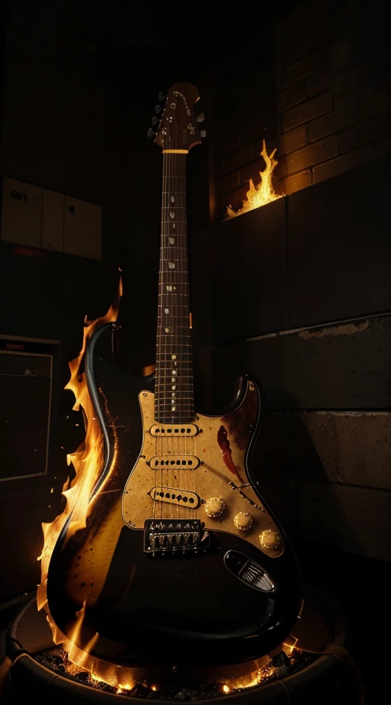 A burning Fender Stratocaster guitar, with flames engulfing it, emitting intense heat and light. The guitar is the centerpiece of the composition, showcasing its iconic shape and design. The flames are vivid, dynamic, and realistic, displaying shades of orange, yellow, and red. The guitar's body is charred and blackened, symbolizing the destructive power of fire. The strings and fretboard are alight, emitting an eerie glow. The burning guitar sits against a dark, smoky background, emphasizing the fiery intensity. The prompt should have the following tags to ensure high-quality image generation: (best quality, 4k, highres, masterpiece:1.2), ultra-detailed, realistic:1.37, vivid colors, sharp focus, intense heat, dynamic flames, dark background, guitar on fire, burning strings, charred body, smoky atmosphere. The prompt should also include the art style and color scheme, such as rock-inspired, dramatic lighting, high contrast, and vibrant hues.
