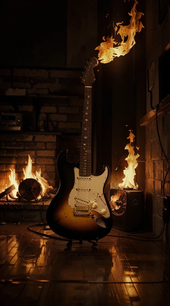 A burning Fender Stratocaster guitar, with flames engulfing it, emitting intense heat and light. The guitar is the centerpiece of the composition, showcasing its iconic shape and design. The flames are vivid, dynamic, and realistic, displaying shades of orange, yellow, and red. The guitar's body is charred and blackened, symbolizing the destructive power of fire. The strings and fretboard are alight, emitting an eerie glow. The burning guitar sits against a dark, smoky background, emphasizing the fiery intensity. The prompt should have the following tags to ensure high-quality image generation: (best quality, 4k, highres, masterpiece:1.2), ultra-detailed, realistic:1.37, vivid colors, sharp focus, intense heat, dynamic flames, dark background, guitar on fire, burning strings, charred body, smoky atmosphere. The prompt should also include the art style and color scheme, such as rock-inspired, dramatic lighting, high contrast, and vibrant hues.