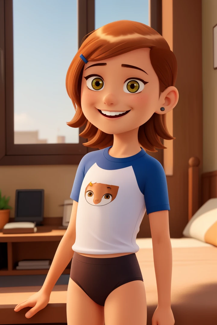 girl, with short brown hair, round face with lovely smile, and brown eyes , tight underwear