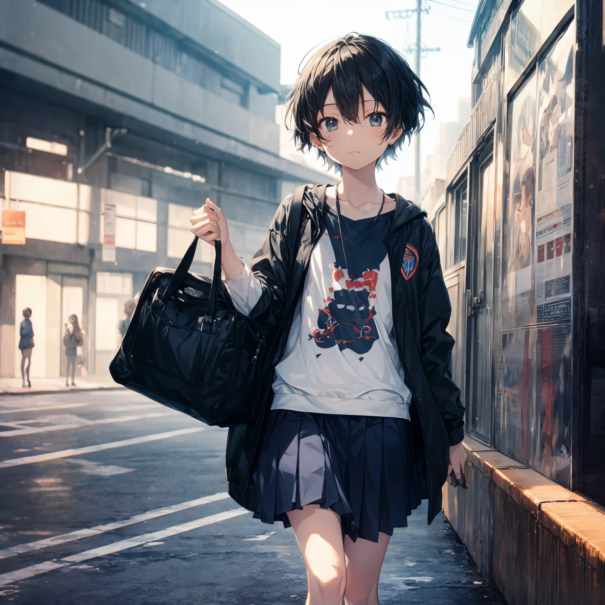 Super high quality by the art god, Ultra-detailed, High resolution, Shinkai Makoto style, anime moe art style, best anime 8K konachan wallpaper, Pixiv Contest Winner, Perfect Anatomy, BREAK,(Please draw a sleepy girl going to school alone.. ),BREAK, a hyperrealistic schoolgirl, (Solo,Lori,child,13years:1.3),Full limbs, complete fingers,a junior high school student, Androgynous attraction, (extra very short hair), hair messy, flat chest, Small butt, groin, Small eyes,Beautiful detailed black eyes, Well-proportioned iris and pupils, disgusted eye, High resolution detailed hair, School uniform, Skirt, On the way to school. BREAK,Ultra-detailed細なスキン, Best lighting by famous artists, 8K, Illustration,