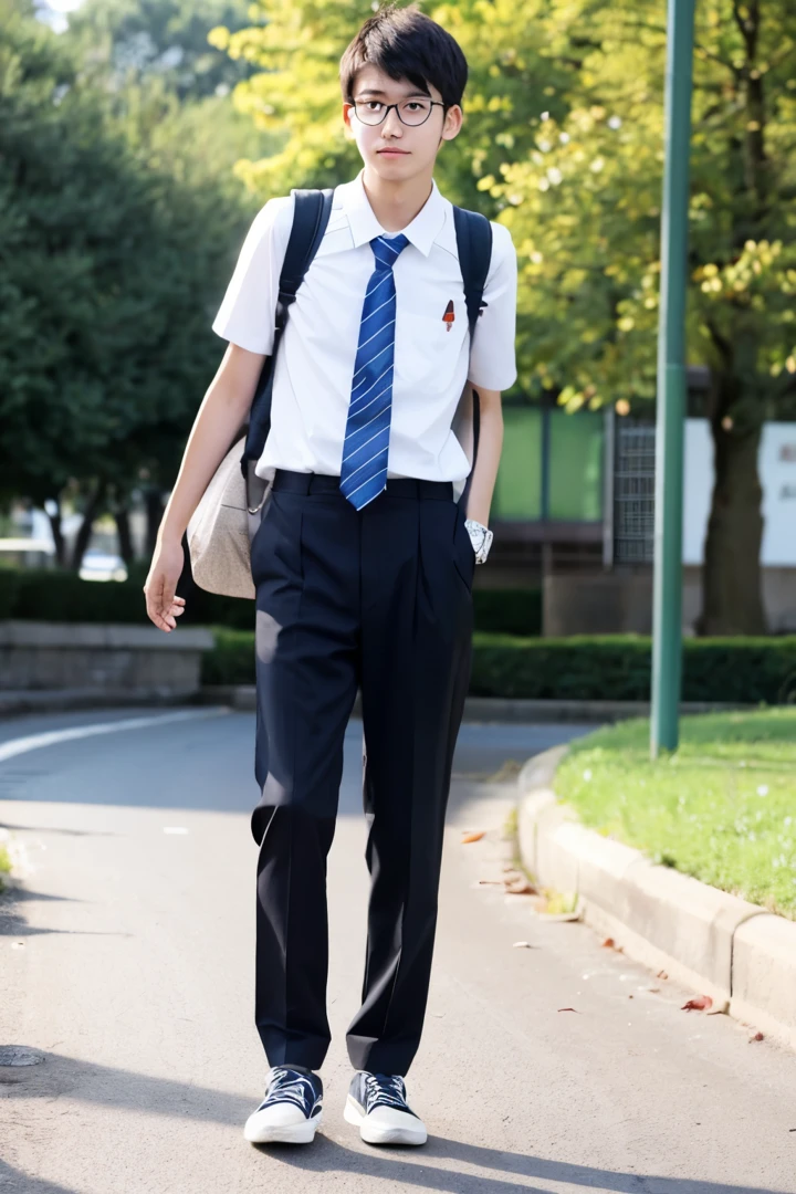 Glasses young man school run Japanese high school student full body