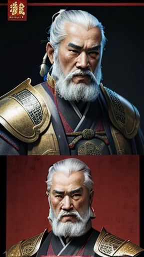 oriental、Old man wearing ancient Chinese armor、old man with ancient chinese hairstyle、three kingdom、multiple warlords、top-quality、masterpiece、超A high resolution、(Photorealsitic:1.4)、Game Posters、
