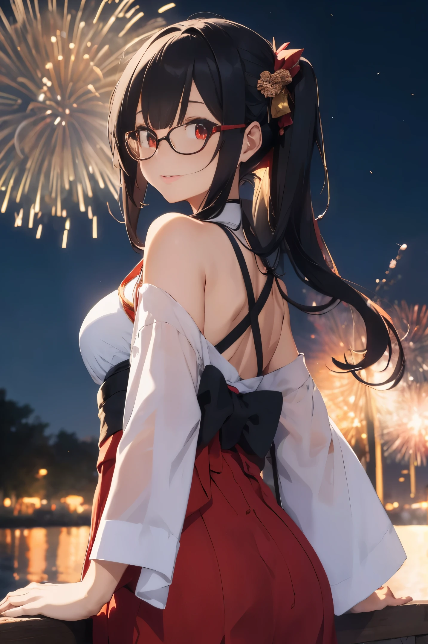"anime girl, 1 person, black hair, shoulder length hair, red eyes, glasses, white horns, wearing kimono, kimono outfit, black kimono with red patterns, details, big breasts, long stockings, sinister smile , small black wings on the back, solo, viewed from different directions, festival, New Year's Eve, New Year's Eve fireworks, watching fireworks (sharp image)"