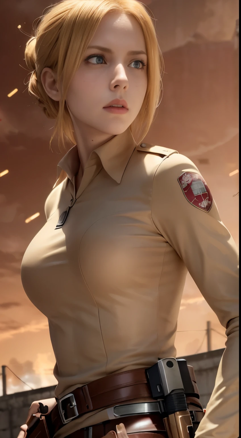 a woman in a uniform holding a gun and a red background, annie leonhart, from attack on titan, looking like annie leonhart, inspired by Armin Hansen, snk, inspired by Armin Baumgarten, attack on titan anime style, in attack on titan, attack on titan covert art, annie leonhart in a neon city,Attack on Titan female character Historia,golden hair,Long golden hair,Combat attire,binh,metal light holder,golden hair,blue color eyes