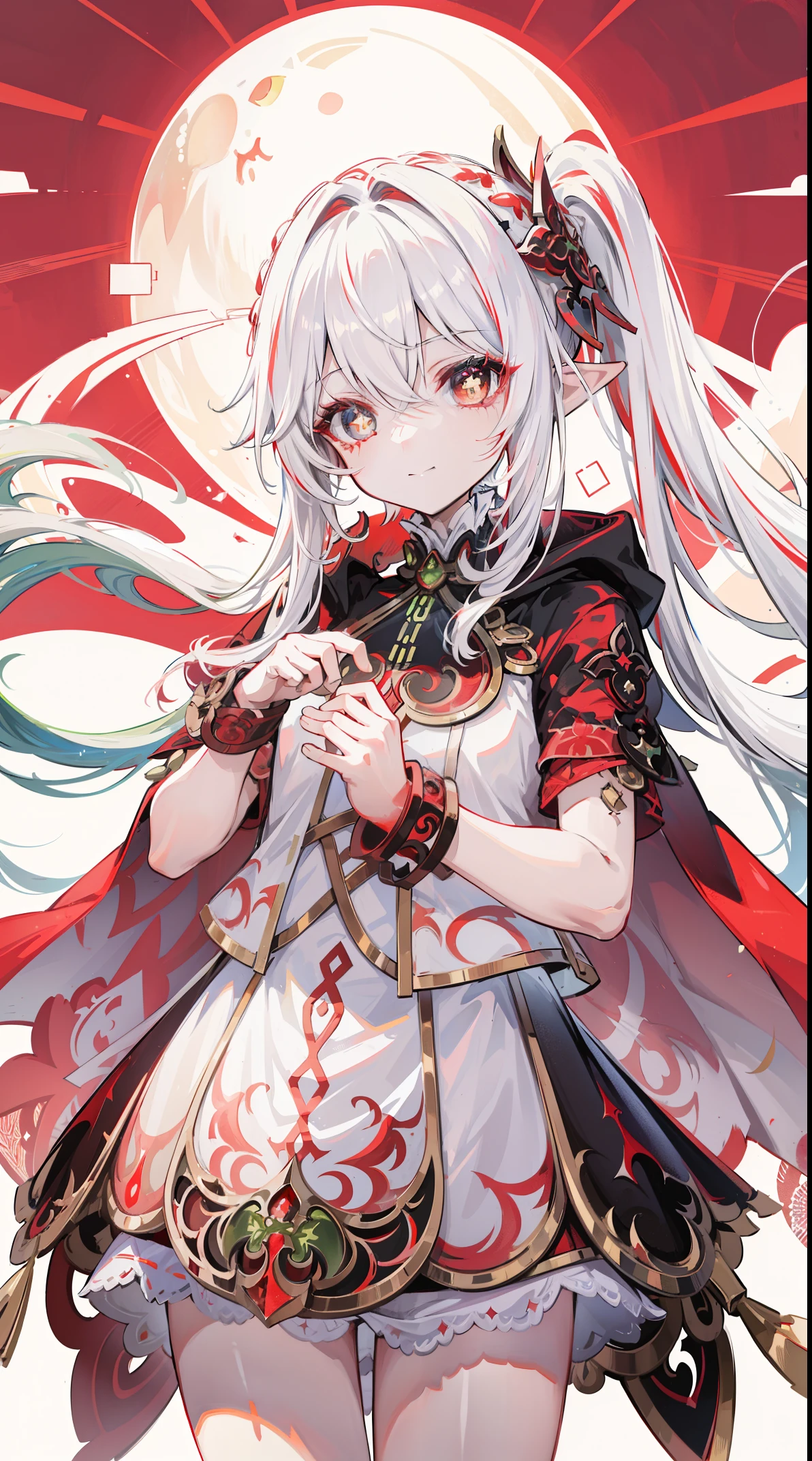 Nahida_Genshin Impact,(White-red gradient hair),Cross pupil,default_a skirt,bloods red cloak,simplebackground，bloods Moon，The breath of death，Cold and powerful divinity，There is a sense of majesty,starrysky，demonic smile，blue tint，Red decorative pattern，Red style，bloods