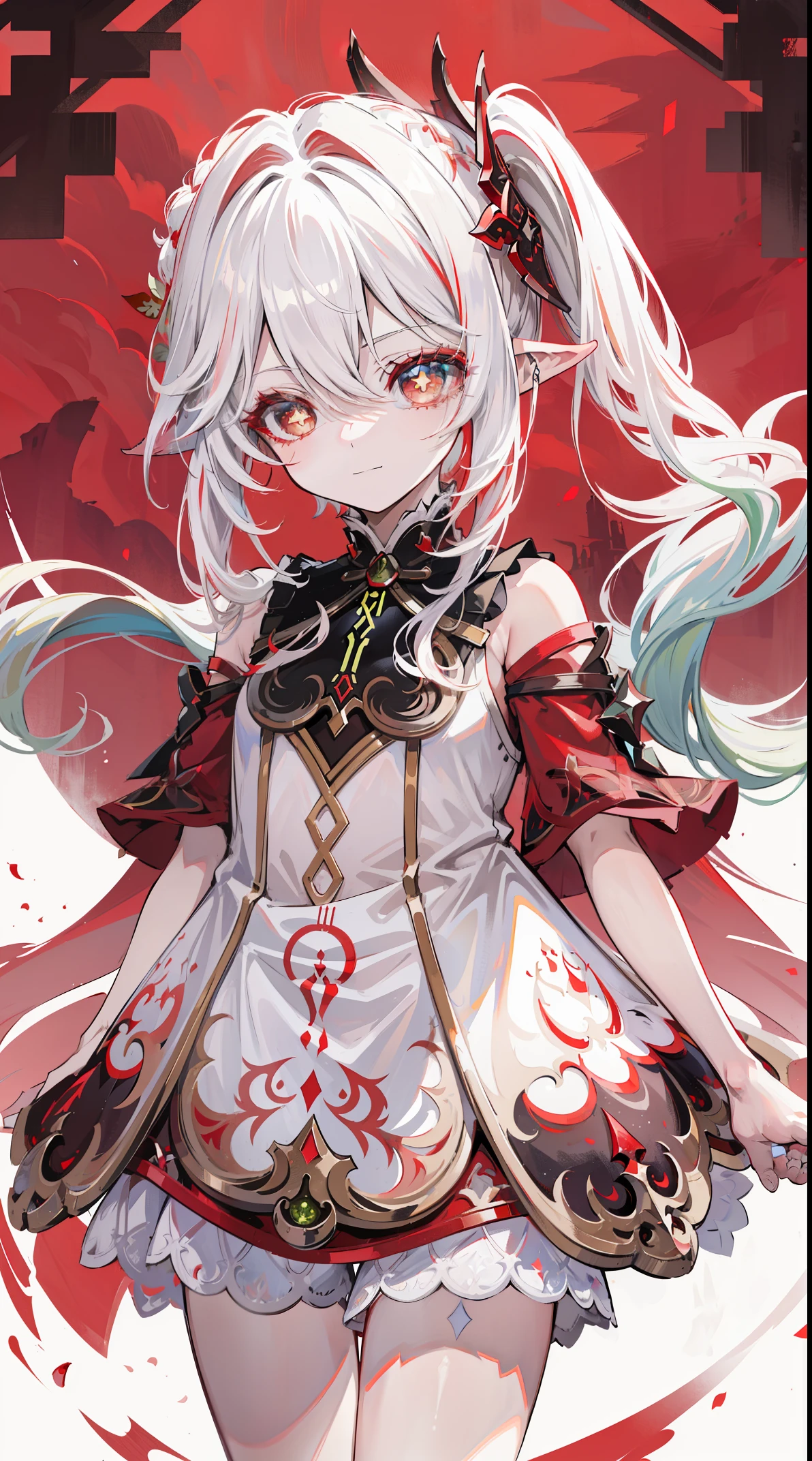 Nahida_Genshin Impact,(White-red gradient hair),Cross pupil,default_a skirt,bloods red cloak,simplebackground,bloods Moon,The breath of death,Cold and powerful divinity,There is a sense of majesty,starrysky,demonic smile,blue tint,Red decorative pattern,Red style,bloods