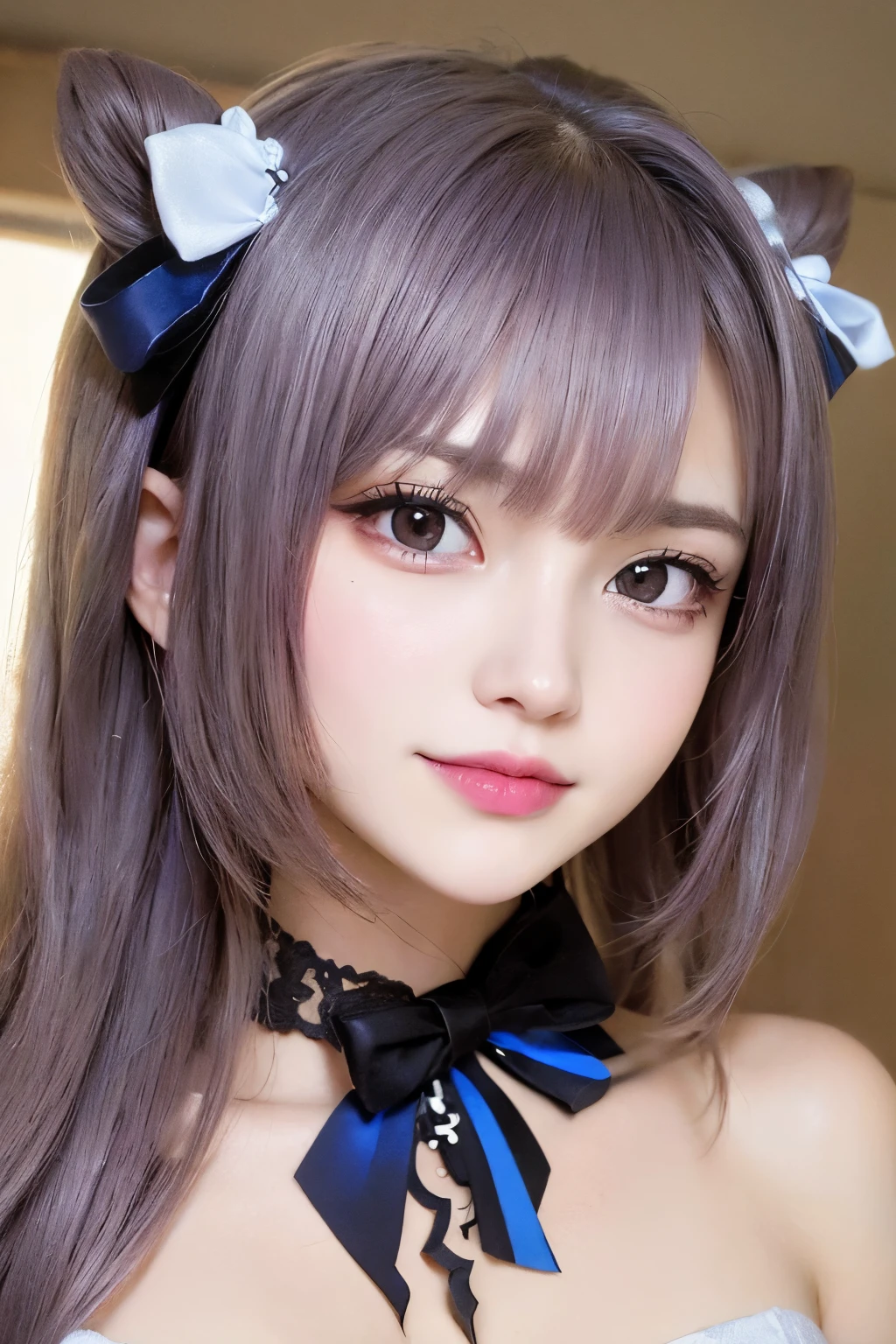 A close up of a woman with long hair wearing a bow - SeaArt AI