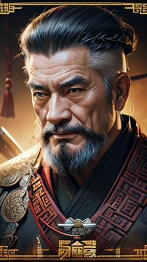 oriental、Old man wearing ancient Chinese armor、old man with ancient chinese hairstyle、three kingdom、multiple warlords、top-quality、masterpiece、超A high resolution、(Photorealsitic:1.4)、Game Posters、
