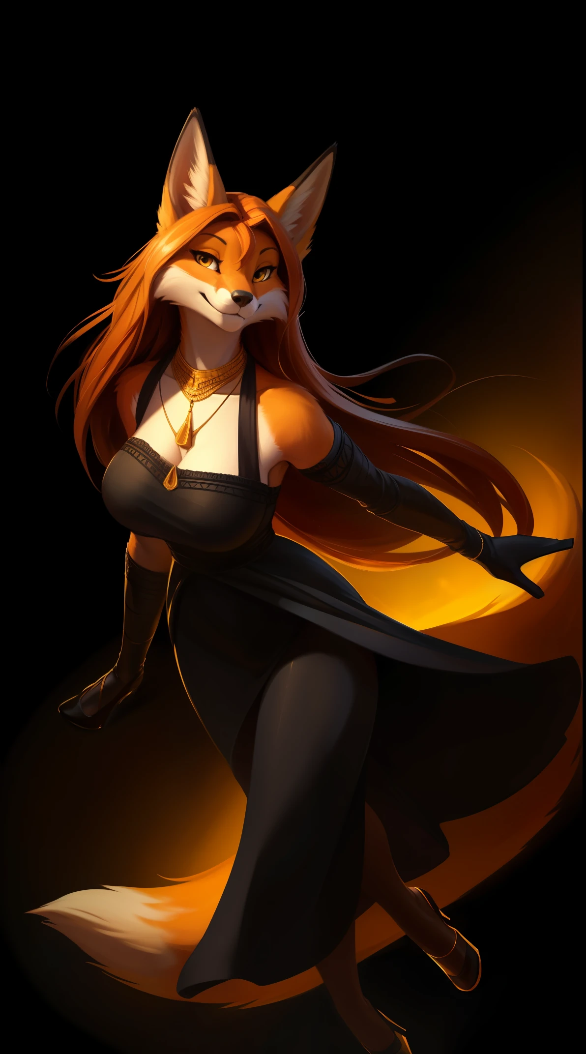 uploaded on e621, by Cory Loftis, by Chunie, by Pixelsketcher, by Bayard Wu, by Einshelm, solo, 1 girl, fox, orange and white fur, fox ears, red long hair, dark yellow eyes, wearing a black rounded hat, golden necklace, black sleeves, orange elegant dress, black strips, black high heels, large breasts, cleavage, (seductive looking), (feminine pose:1.2), (black background:1.2), (studio lighting), dark green rim light, dark green and dark yellow spotlight, (Rembrandt light:1.3), (dynamic angle), masterpiece, highres, colorful, aesthetically pleasing, photographed with a Fujifilm XT3, Fujicolor, Fujifilm XF16-80mm F4 R OIS WR lens
