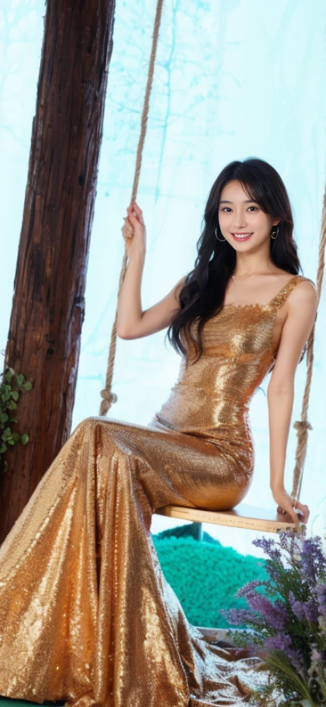 (On a table, Best quality at best, realistically, ultra - detailed, meticuloso, A high resolution, 8k wallpaper), Close-up portrait of a beautiful woman, Chariada, Smiling, light brown messy hair, Perfect dynamic composition, 美丽meticuloso的眼睛, Just like the cover of a fashion magazine, On campus