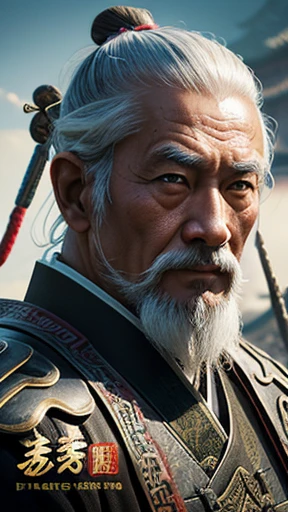 oriental、Old man wearing ancient Chinese armor、old man with ancient chinese hairstyle、three kingdom、multiple warlords、top-quality、masterpiece、超A high resolution、(Photorealsitic:1.4)、Game Posters、