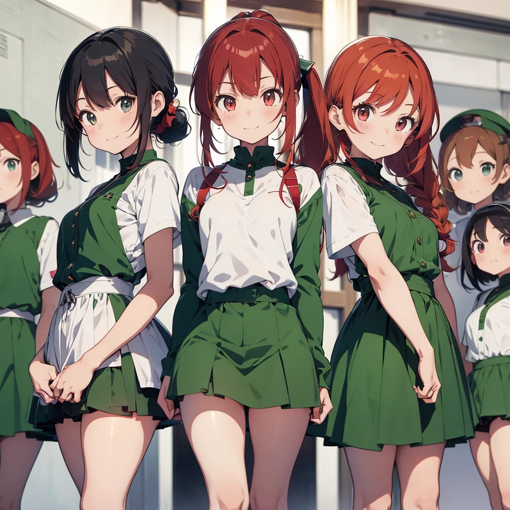 perfect anime illustration, multiple girls, thousands of girls, millions of girls, clones, identical sisters, red hair, ponytail, matching hairstyle, hazel eyes, smiling, white skin, matching outfits, green uniforms, highres, full body, bare legs, neat rows of sisters, neat columns of sisters, sisters standing in formation, sisters in background