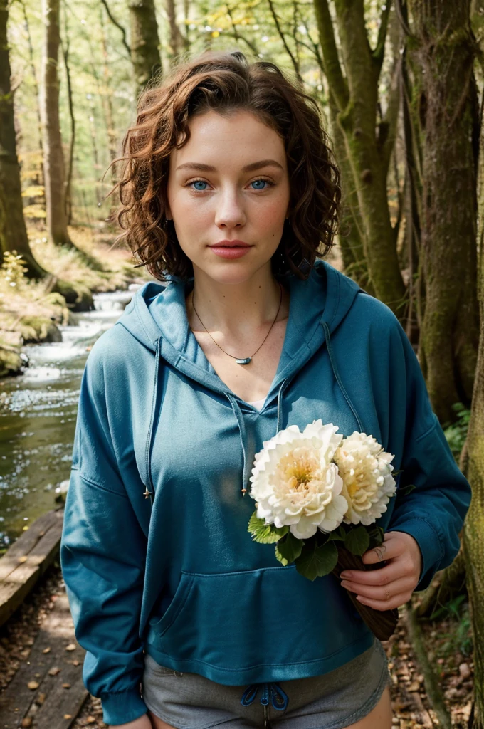 stream, water pail, magnificent young woman with blue eyes, this woman has short and curly hair, luscious lips and is in the woods, she is wearing a black boho hoody and shorts