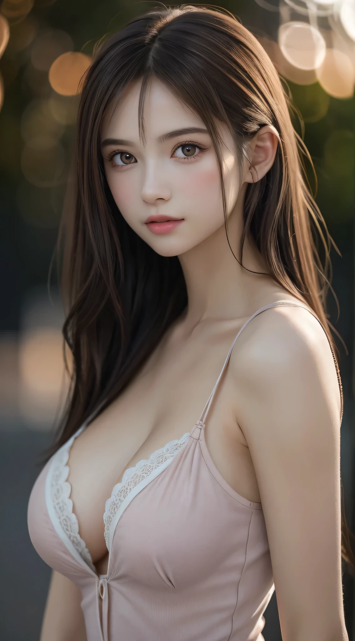 (Best Quality), (Ultra-detailed), (Illustration), (Detailed light), (extremely delicate and beautiful), 1young girls, Brown hair, Brown eyes, modeled, (キレイな大きなbreastsout:1.3), bare shoulders​、breastsout:1.2), Best Quality, extremely detailed CG unified 8k wallpaper, High-definition color, Professional, (((Bokeh))), depth of fields, Twilight, Sunset,