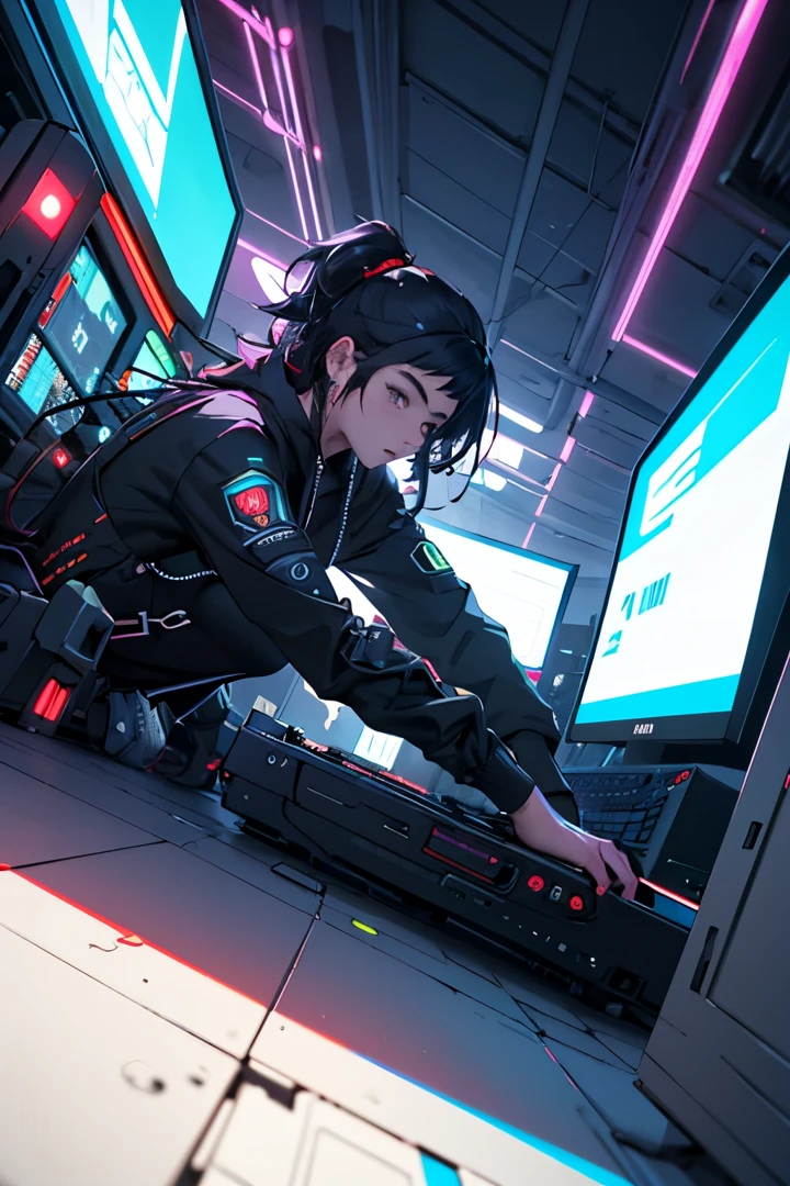 , Cyberpunk HD 8k .3D, Beautiful thick-haired hacker woman operating computer terminal, , Crawl like a cat, low angle camera view, Pay attention to the SLR effect,Millennial girl、Fluorescent color