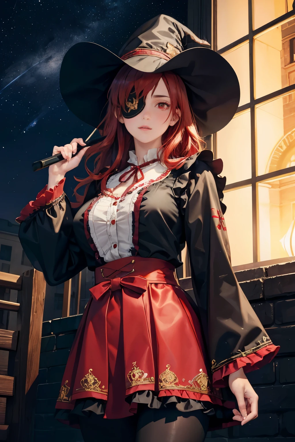 ((best quality)), ((masterpiece)), (detailed), perfect face, ((eyepatch:1.2)), (long hair:1.4), (red hair, red eyes:1.4), 1girl, solo, hat, skirt, legging, witch hat, dirndl gown, black headwear, black dirndl gown, smile, outdoors, black skirt, looking at viewer, black legging, rose pattern legging, red witch hat, long sleeves, bangs, ribbon, frilled skirt, frills, plaid, bow, open clothes, blush, neck ribbon, Star shape eyepatch, gold eyepatch, standing, red ribbon, wide sleeves, black robe, open robe, robe, , hand on waist, medium breasts, large breasts, night, starry night sky, cowboy shot, Photorealistic, Hyperrealistic, Hyperdetailed, analog style, detailed skin, matte skin, soft lighting, subsurface scattering, realistic, heavy shadow, masterpiece, best quality, ultra realistic, 8k, golden ratio, Intricate, High Detail, film photography, soft focus, hollow eyes