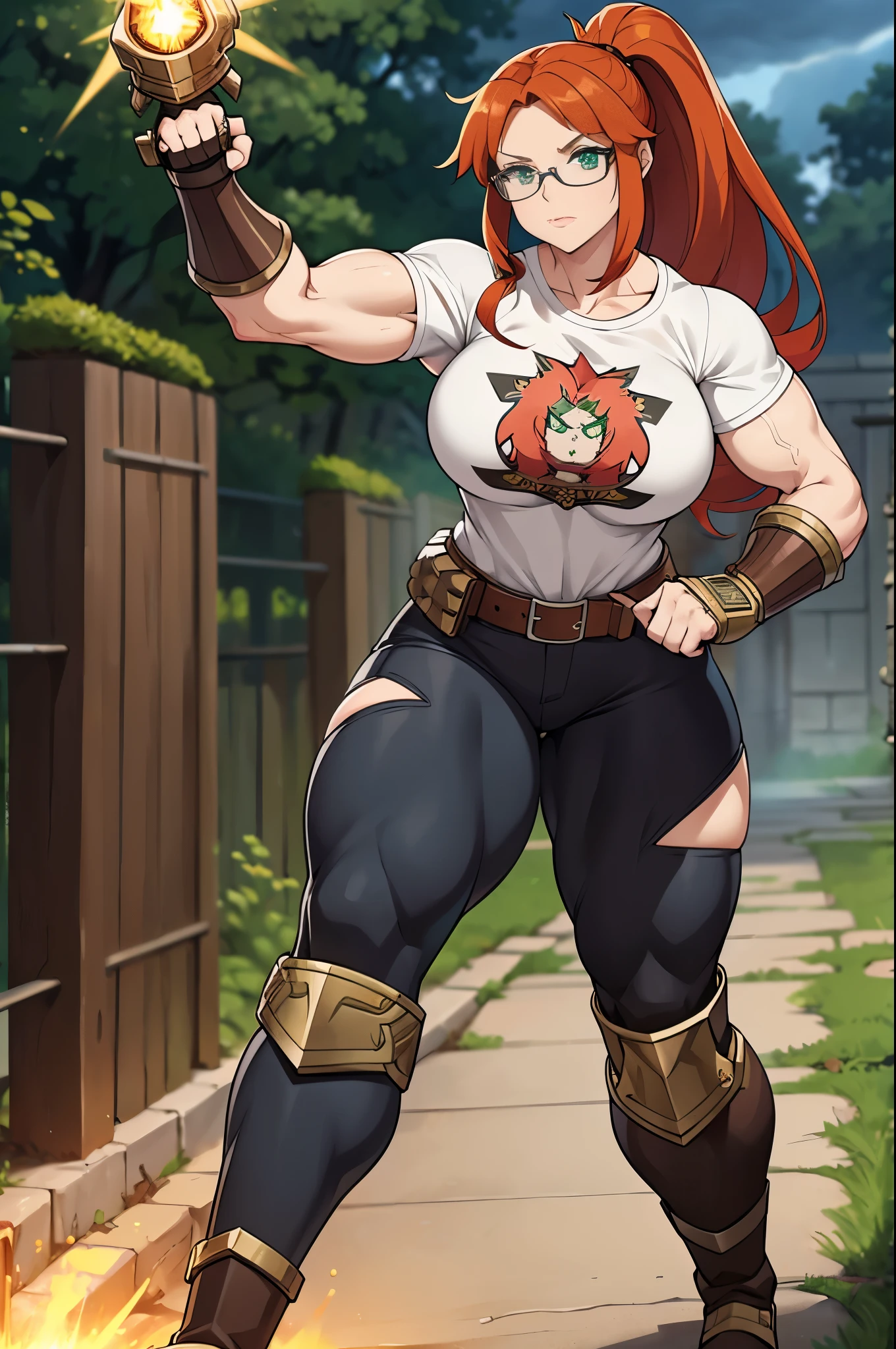 (1woman),woman walking on way,redhead,huge hair ,ponytail hair,green eyes,fine face,muscular,strong arms,strong lags,(vambrace),(vambrace),(metal vambrases),(((Gauntlet))),t-shirt,white t-shirt,big boots,lighting powers,energy around her,lightning grouing from her,glasses,tactical clothes