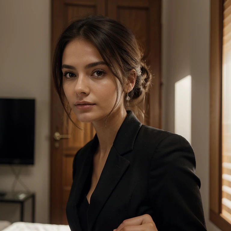 ((ultra realistic), ((master part)), ((circunstanciado)), rosto perfeito, olhos perfeitos, 20 anos, slim fit, cara bonito, Beautiful , grandes olhos azuis, olhos perfeitos, Olhos detalhados, luz natural, noite, bunda grande, humor sexy, Pose sexy, Sombra Escura, Blurry, rough skin, cabelos longos, peito grande, wearing black suit like attorney suit, end of the day