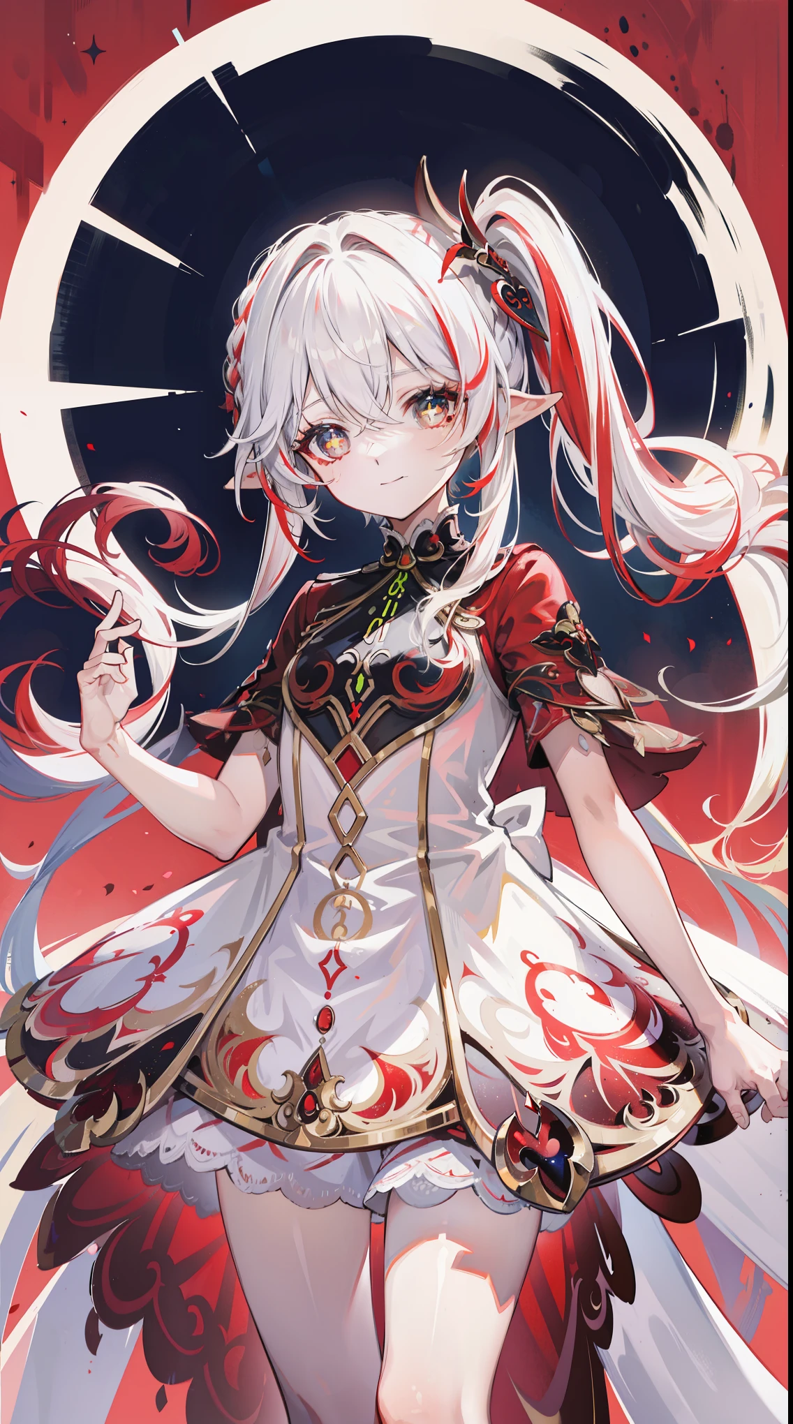Nahida_Genshin Impact,(White-red gradient hair),Cross pupil,default_a skirt,bloods red cloak,simplebackground,bloods Moon,The breath of death,Cold and powerful divinity,There is a sense of majesty,starrysky,demonic smile,blue tint,Red decorative pattern,Red style,bloods