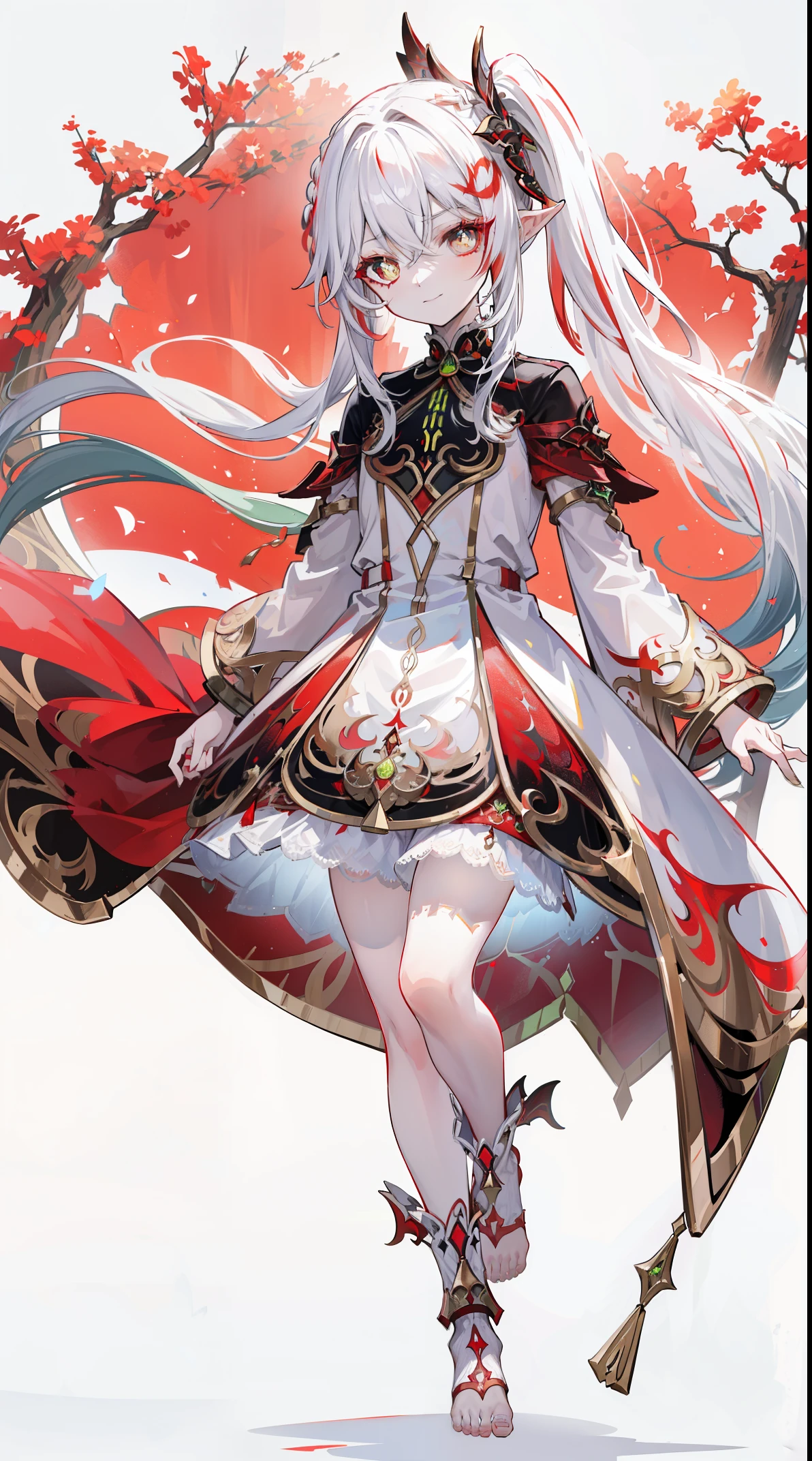 Nahida_Genshin Impact,(White-red gradient hair),Cross pupil,default_a skirt,bloods red cloak,simplebackground,bloods Moon,The breath of death,Cold and powerful divinity,There is a sense of majesty,starrysky,demonic smile,blue tint,Red decorative pattern,Red style,bloods