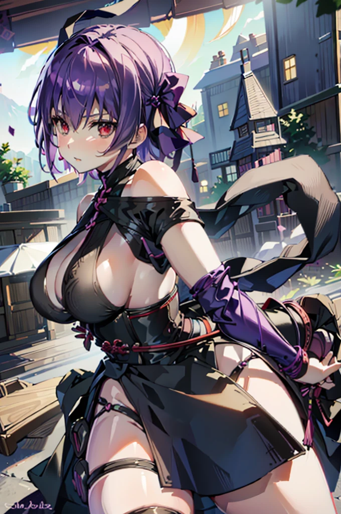 (masutepiece, Best Quality:1.3)
DOA Ayane, 1girl in, Solo, breasts, Short hair, large breasts, thighs thighs thighs thighs, Bare shoulders, arma, Sword, head band,Fighting Arena