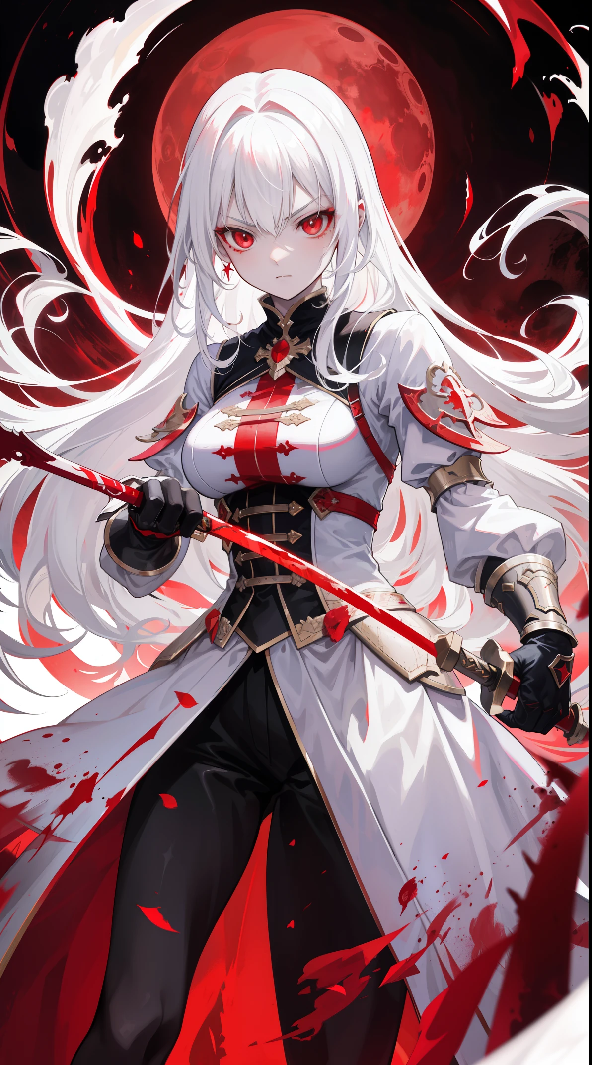 a drawing of a woman with a knife and a bloody face, gapmoe yandere grimdark, beautiful male god of death, jeff the killer, gapmoe yandere, creepypasta, wearing torn white cape, red skinned, fanart, bloody + concept art, white and blood color scheme, shinigami, covered in blood, evil devious male