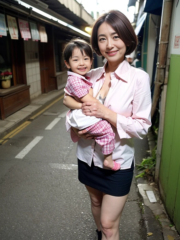 （high-level image quality、hightquality、hight resolution、detaileds、​masterpiece）、(There is only one mature and beautiful woman)、(Looking at the camera)、It&#39;s a smiley face、（straight bob cut hair）、（Light brown hair）、(being thin:1.3)、(Small:1.3)、(She is wearing a pink bra and panties.)、（He wears a large collar, bracelets, and garter belt.）、(She is wearing a white blouse with a wide open chest.、She is wearing a checkered micro miniskirt.)、（carrying a large shoulder bag）、Wearing high heels、(There is no foot traffic at night、I&#39;m walking down a very narrow alley)