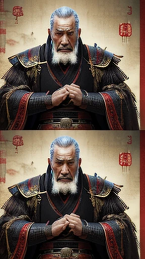 oriental、Old man wearing ancient Chinese armor、old man with ancient chinese hairstyle、three kingdom、multiple warlords、top-quality、​masterpiece、超A high resolution、(Photorealsitic:1.4)、Game Posters、