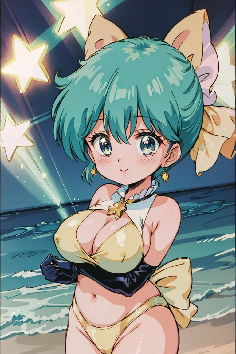 retro artstyle、watercolor paiting、(masterpiece、8k wallpaper、top-quality)、(The best lighting、Best Shadows、extremely delicate and beautiful)、ultra-detailliert、intricate detailes、colourfull、Rich colors、 upperbody shot、side lights、vanishing point、globalillumination、Near and far law、dynamicposes、dynamic ungle、 1 girl in、独奏、(Full lips:0.8)、cute little、Mature、Beautuful Women、 Emi,Best Quality,high-level image quality,A smile,red blush,Magical Emi、Studio Clown、1980s \(Style\), 1girl in, Traditional Media 、、the wind、Swimsuit、Summer, Sea, Beach、The bikini、Tropical islands、suns、Resort、sand beach、Palm trees、blue-sky