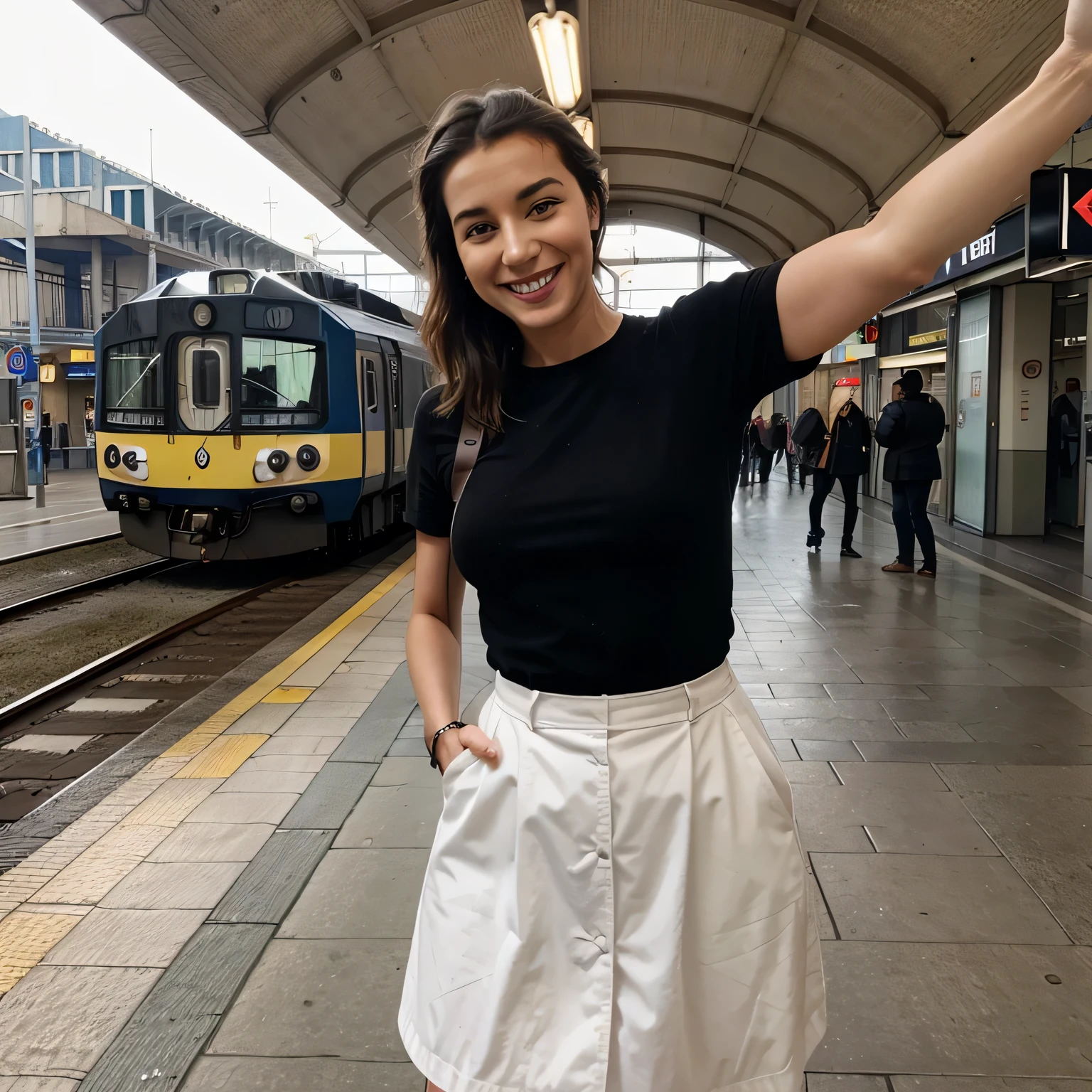 Selfy à la gare, train arrière-plan, gare, Souriant, excitée