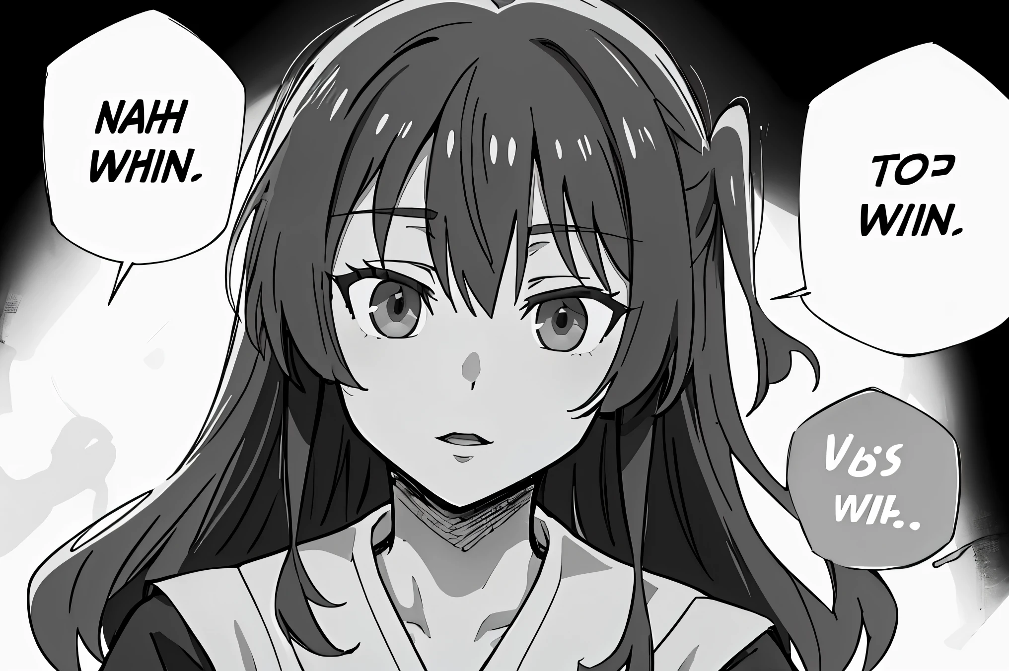 (masterpiece, best quality:1.2), monochrome, greyscale, nahidwin, speech bubble, english text, close-up, solo, 1girl, ikuyo kita, long hair, white blank background,