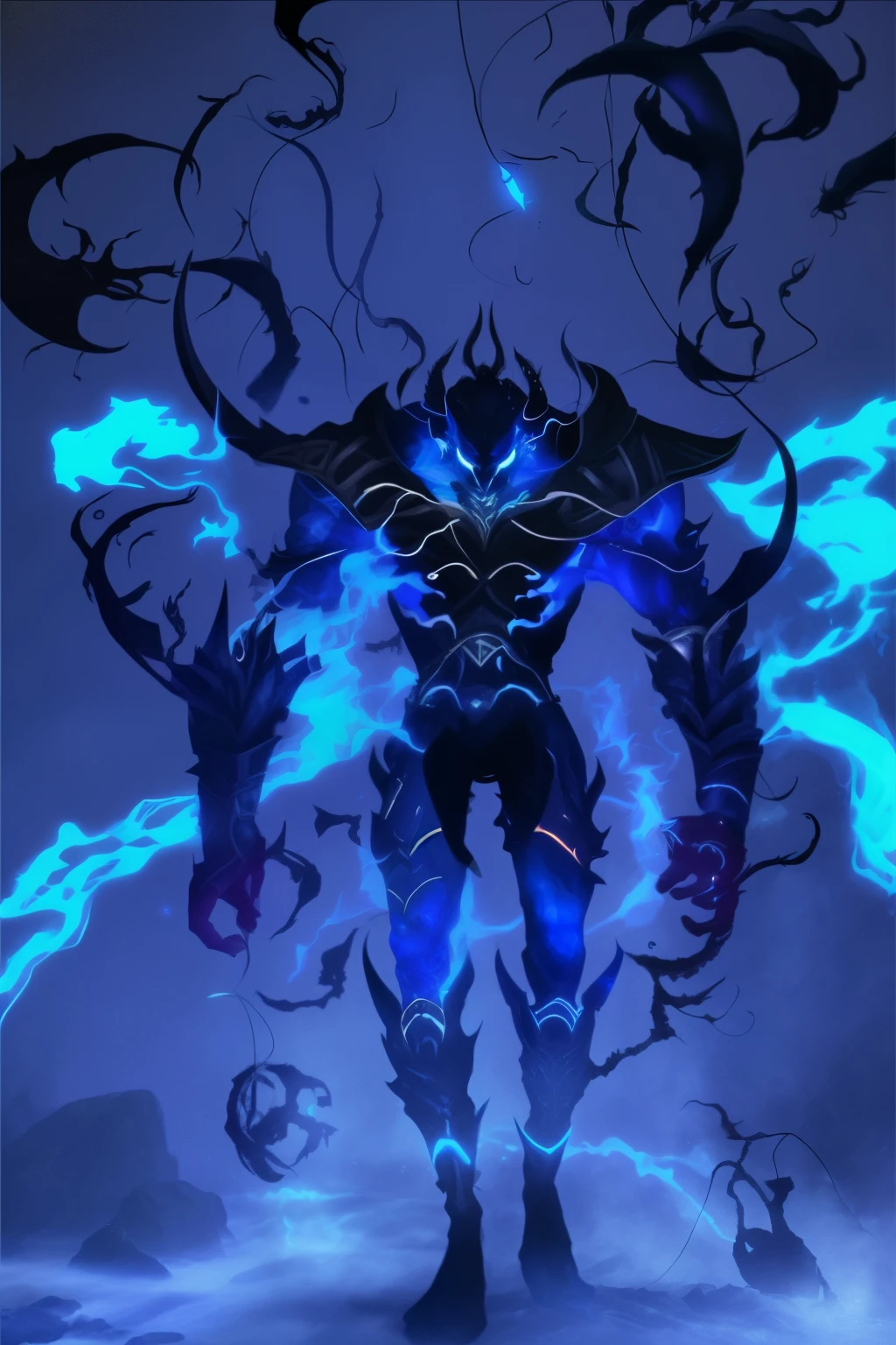 1 man has the head of an ant and the body of a sturdy man,wearing black iron armor all over the body,a person with a blue light on their body, blue fire powers, evil aura, avatar image, soul reaver, luminous water elemental, glowing black aura, an epic anime of a energy man, profile picture 1024px, this character has cryokinesis, blue djinn, male djinn man demon hybrid, dark aura
