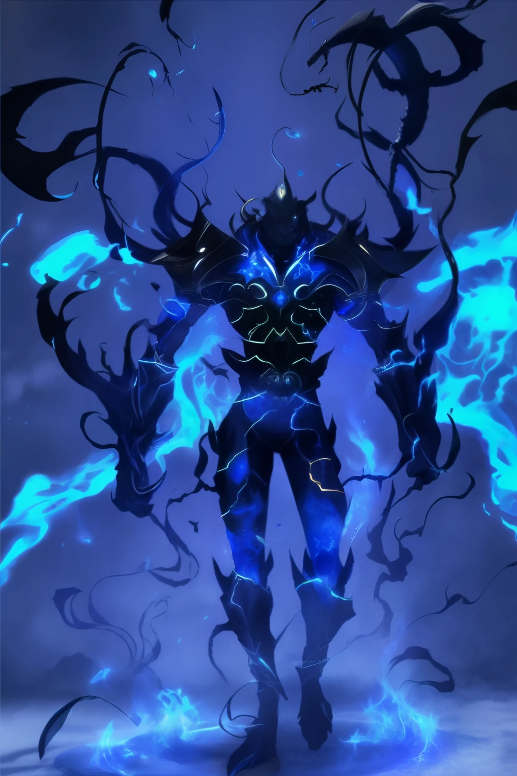 1 man has the head of an ant and the body of a sturdy man,wearing black iron armor all over the body,a person with a blue light on their body, blue fire powers, evil aura, avatar image, soul reaver, luminous water elemental, glowing black aura, an epic anime of a energy man, profile picture 1024px, this character has cryokinesis, blue djinn, male djinn man demon hybrid, dark aura
