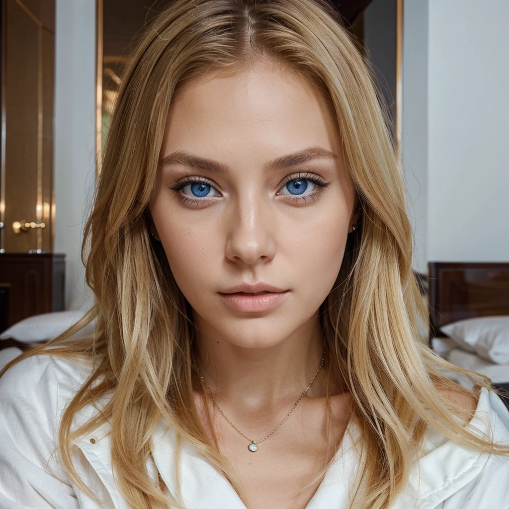 beautiful blonde instagram girl with blue eyes in luxury hotel winter time