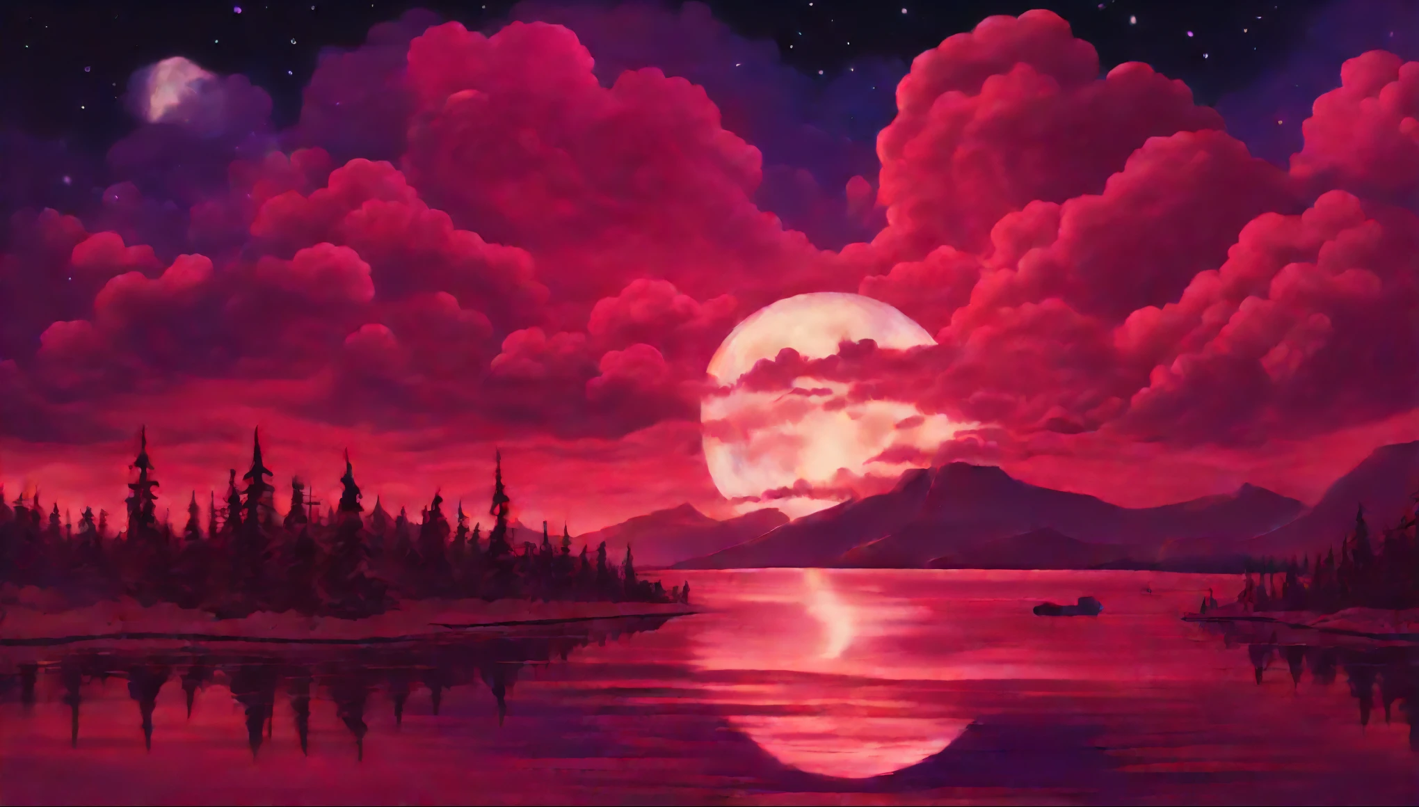 Purple red clouds made of marshmallow floating over a dark red sunkissed sky while a bright sicklemoon hovers over a silent night