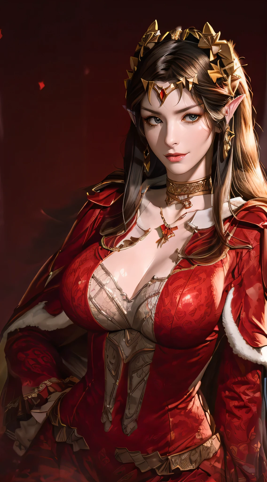 (((pointy ears,Long gray hair,brown hair,looking at viewert,black color hair,(White-colored skin,cyber dress, longer sleeves, Printed dress, the bow, hair the bow, hair adornments,Capeles))),(((Wide hips)))S-shaped body:1.7))),((tmasterpiece)),A high resolution, ((Best quality at best)),tmasterpiece,quality,Best quality,((( exquisite facial features,looking at viewert,There is light in the eyes,Smilingly,self-assured ))),(((Light and shadow interlace,Huge big breasts))),(((1 Sister, dynamicposes, 1 girl, (complete figure:0.9), own,Human body silhouette, ((good body)),Girl posing for photo,24 years old female model,perfect foot、have perfect arms))))